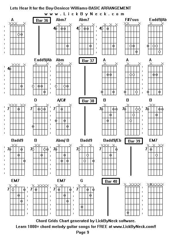 Chord Grids Chart of chord melody fingerstyle guitar song-Lets Hear It for the Boy-Deniece Williams-BASIC ARRANGEMENT,generated by LickByNeck software.